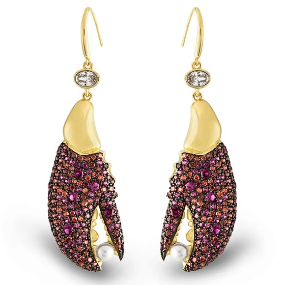 14KT Gold Plated Lobster Tortugas Claw Hook Dangling Earrings w Pearl - Picture 1 of 3